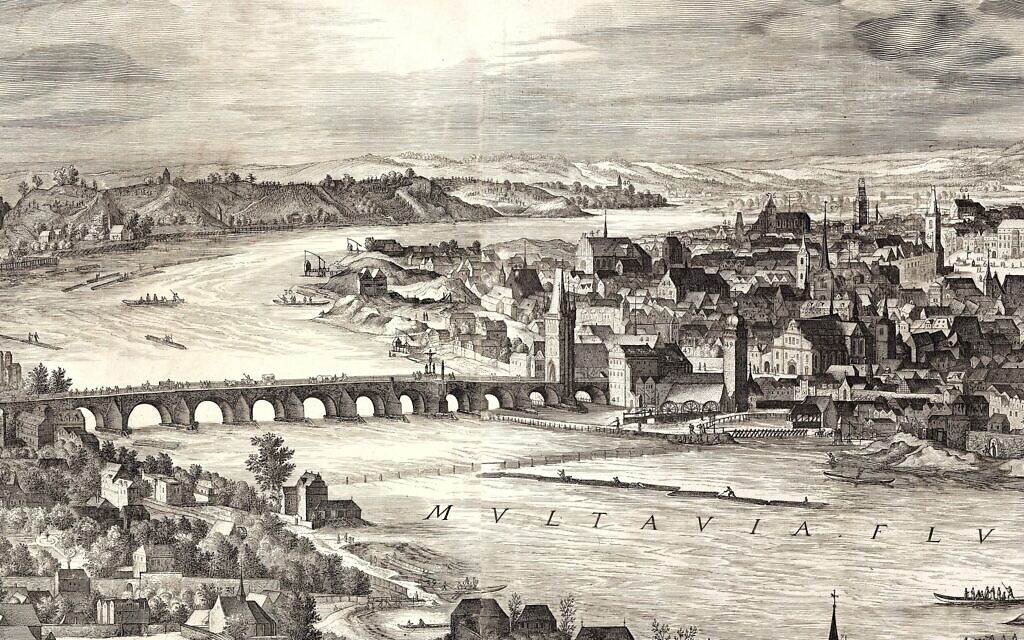 View of the City of Prague, 1606, by Johannes Wechter. The panorama features the city’s great monuments — but not its famed Old New Synagogue. (Metropolitan Museum of Art)