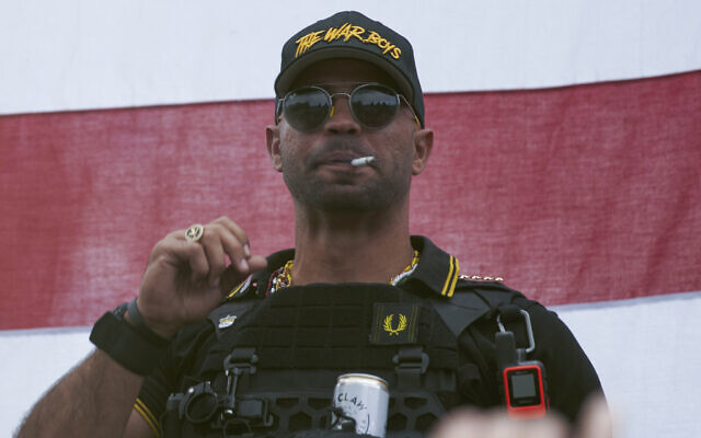 Proud Boys leader Henry 'Enrique' Tarrio during a rally in Portland, Oregon, September 26, 2020. (Allison Dinner/AP) Proud Boys leader Henry 'Enrique' Tarrio during a rally in Portland, Oregon, September 26, 2020. (Allison Dinner/AP)