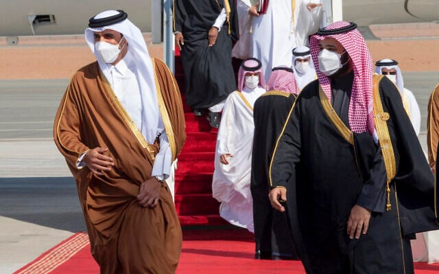 Saudi Arabia's Crown Prince Mohammed bin Salman, right, welcomes Qatar's Emir Sheikh Tamim bin Hamad al-Thani upon his arrival to attend the Gulf Cooperation Council's 41st Summit in Al-Ula, Saudi Arabia, January 5, 2021. (Saudi Royal Court via AP) Saudi Arabia's Crown Prince Mohammed bin Salman, right, welcomes Qatar's Emir Sheikh Tamim bin Hamad al-Thani upon his arrival to attend the Gulf Cooperation Council's 41st Summit in Al-Ula, Saudi Arabia, January 5, 2021. (Saudi Royal Court via AP)