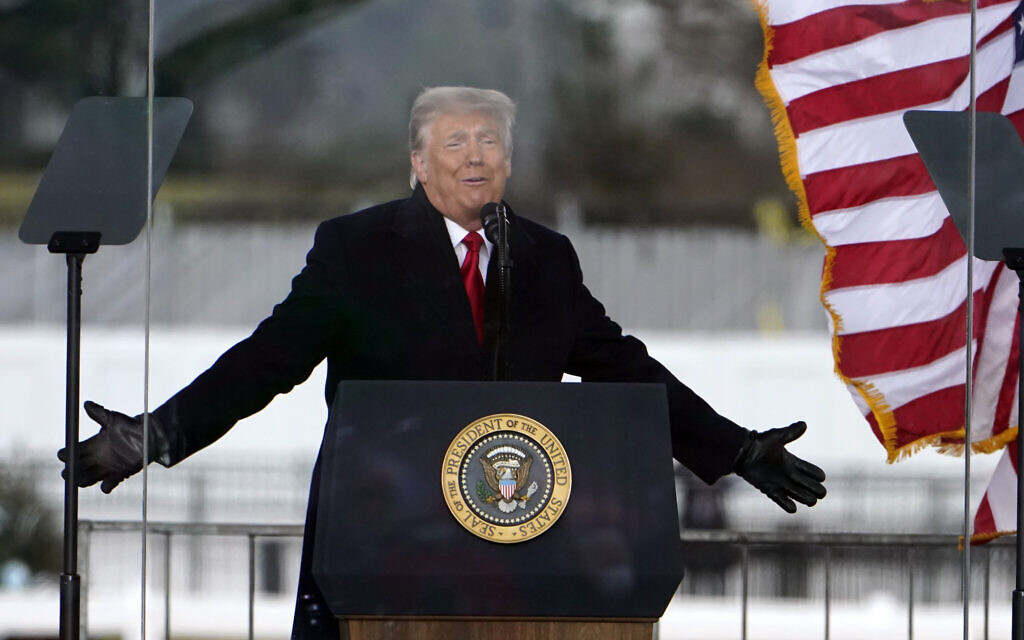 US President Donald Trump speaks at a rally on January 6, 2021, in Washington, shortly before the mob assault on the US Capitol. (AP/Jacquelyn Martin) US President Donald Trump speaks at a rally on January 6, 2021, in Washington, shortly before the mob assault on the US Capitol. (AP/Jacquelyn Martin)