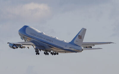 Air Force One with former US president Donald Trump and the first family on board, departs Andrews Air Force Base, Maryland, January 20, 2021. (Luis M. Alvarez/AP)