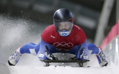Adam AJ Edelman of Israel brakes in the finish area during the men's skeleton training at the 2018 Winter Olympics in Pyeongchang, South Korea, February 14, 2018. (AP Photo/Michael Sohn)