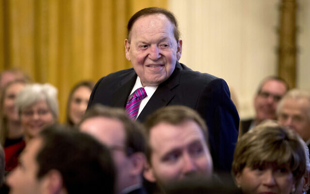 In this Nov. 16, 2018, file photo, Las Vegas Sands Corporation Chief Executive and Republican mega donor Sheldon Adelson, stands as he is recognized by President Donald Trump during a Medal of Freedom ceremony in the East Room of the White House in Washington. (AP Photo/Andrew Harnik, File) In this Nov. 16, 2018, file photo, Las Vegas Sands Corporation Chief Executive and Republican mega donor Sheldon Adelson, stands as he is recognized by President Donald Trump during a Medal of Freedom ceremony in the East Room of the White House in Washington. (AP Photo/Andrew Harnik, File)