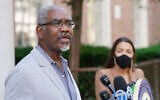 US Rep. Gregory Meeks speaks during a news conference outside the USPS Jamaica station, August 18, 2020, in the Queens borough of New York. (AP Photo/John Minchillo)