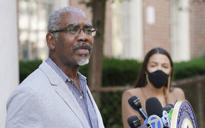US Rep. Gregory Meeks speaks during a news conference outside the USPS Jamaica station, August 18, 2020, in the Queens borough of New York. (AP Photo/John Minchillo)