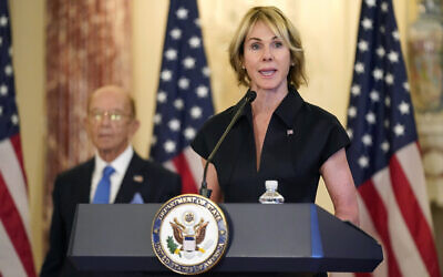 U.S. Ambassador to the United Nations Kelly Craft speaks during a news conference at the US State Department in Washington, Sept. 21, 2020. (Patrick Semansky/AP)