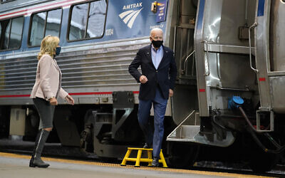Democratic presidential candidate former Vice President Joe Biden and Jill Biden arrive to speak at Amtrak's Pittsburgh Train Station, September 30, 2020, in Pittsburgh. (AP Photo/Andrew Harnik)