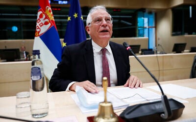 European Union foreign policy chief Josep Borrell speaks during an EU-Serbia videoconference council at the European Council headquarters in Brussels, December 17, 2020. (Francisco Seco/AP)