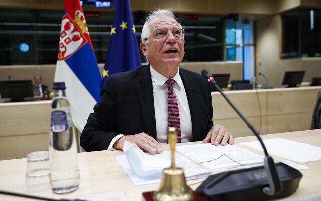 European Union foreign policy chief Josep Borrell speaks during an EU-Serbia videoconference council at the European Council headquarters in Brussels, December 17, 2020. (Francisco Seco/AP) European Union foreign policy chief Josep Borrell speaks during an EU-Serbia videoconference council at the European Council headquarters in Brussels, December 17, 2020. (Francisco Seco/AP)