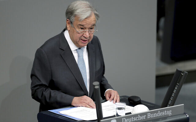 UN Secretary-General Antonio Guterres delivers a speech during a meeting of the German federal parliament, Bundestag, at the Reichstag building in Berlin, Germany, Friday, Dec. 18, 2020. (AP Photo/Michael Sohn) UN Secretary-General Antonio Guterres delivers a speech during a meeting of the German federal parliament, Bundestag, at the Reichstag building in Berlin, Germany, Friday, Dec. 18, 2020. (AP Photo/Michael Sohn)