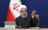 Iranian President Hassan Rouhani speaks during a cabinet meeting in Tehran, Iran, January 6, 2021. (Iranian Presidency Office via AP)
