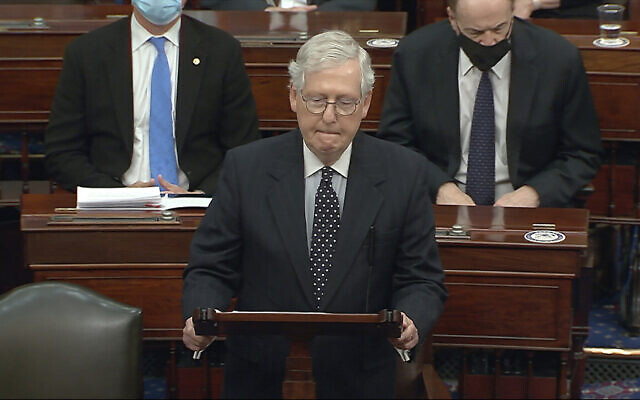 In this image from video, US Senate Majority Leader Mitch McConnell speaks as the Senate reconvenes after protesters stormed into the US Capitol on Wednesday, Jan. 6, 2021. (Senate Television via AP) In this image from video, US Senate Majority Leader Mitch McConnell speaks as the Senate reconvenes after protesters stormed into the US Capitol on Wednesday, Jan. 6, 2021. (Senate Television via AP)