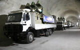 Missiles on mobile truck launchers are displayed during an inauguration of a new military base in an undisclosed location in Persian Gulf in Iran, in a photo released on January 8, 2021. (Sepahnews, the website of the Iranian Revolutionary Guard via AP/ File)