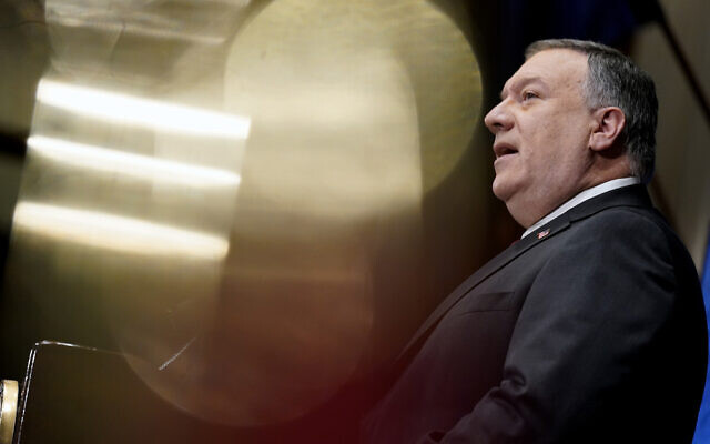 US Secretary of State Mike Pompeo speaks at the National Press Club in Washington, January 12, 2021. (Andrew Harnik/AP) US Secretary of State Mike Pompeo speaks at the National Press Club in Washington, January 12, 2021. (Andrew Harnik/AP)