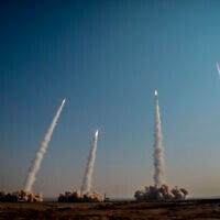 Illustrative: In this photo released on January 15, 2021, by the Iranian Revolutionary Guard, missiles are launched in a drill in Iran. (Iranian Revolutionary Guard/Sepahnews via AP)