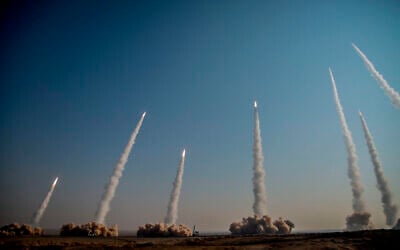 Illustrative: In this photo released on January 15, 2021, by the Iranian Revolutionary Guard, missiles are launched in a drill in Iran. (Iranian Revolutionary Guard/Sepahnews via AP)