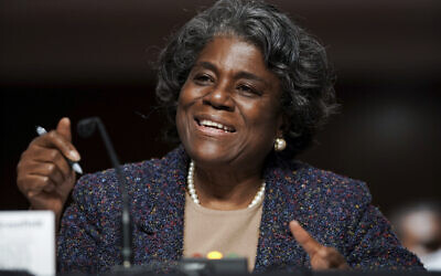 United States Ambassador to the United Nations nominee Linda Thomas-Greenfield testifies during for her confirmation hearing before the Senate Foreign Relations Committee on Capitol Hill on Jan. 27, 2021, in Washington. (Greg Nash/Pool via AP)
