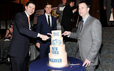 New York Observer publisher Jared Kushner, center, CEO Joseph Meyer, left, and editor Ken Kurson attend The New York Observer's 25th anniversary party at The Four Seasons Restaurant on March 14, 2013 in New York. (Photo by Evan Agostini/Invision/AP)