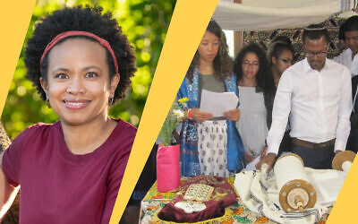 Left: Marcella White Campbell, the new executive director of Be'chol Lashon; Right: A Shabbat service at Camp Be’chol Lashon in 2016 led by Ethiopian Israeli, Maor Sanbata and campers. (Both photos courtesy of Be’chol Lashon/ via JTA)