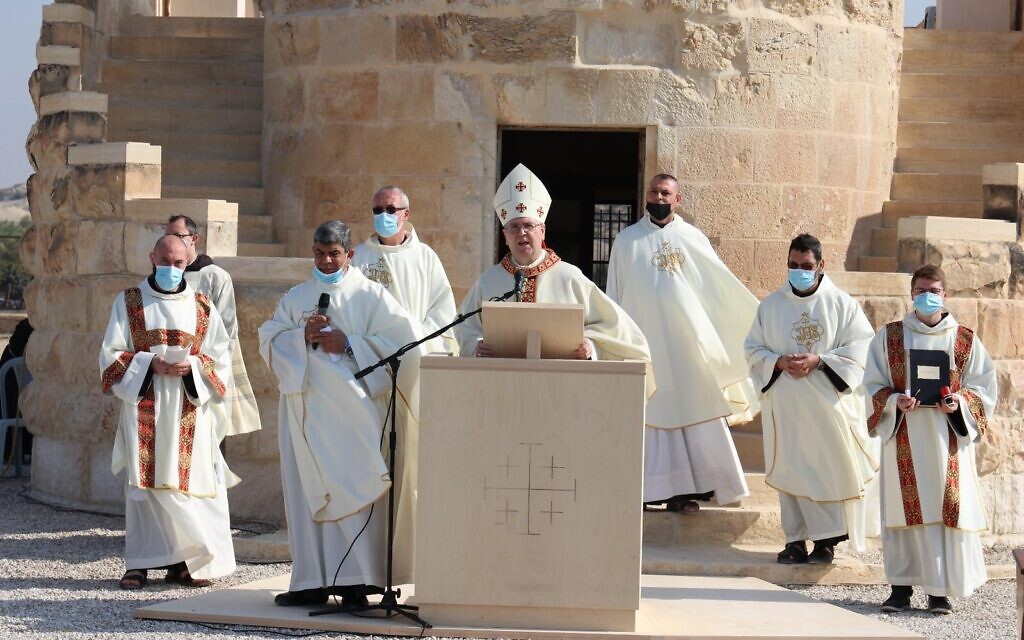 Father Francesco Patton, the Custos of the Holy Land, leads mass on the feast of the Baptism of the Lord, at St John the Baptist Chapel on the banks of the Jordan River, January 10, 2021. (COGAT Spokeperson's Office)