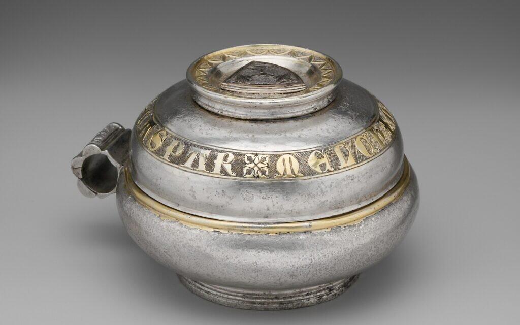 Double Cup, 1325–50, German or Bohemian, featuring an inscription with the names of the Three Wise Men and a Jewish coat of arms. (Metropolitan Museum of Art)