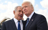 Then-US president Donald Trump (right) with Prime Minister Benjamin Netanyahu before Trump's departure to Rome at Ben Gurion International Airport in Tel Aviv, on May 23, 2017. (Kobi Gideon/GPO via Flash90)
