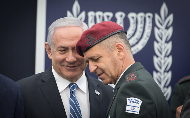 Then-prime minister Benjamin Netanyahu and IDF Chief of Staff Aviv Kohavi during an event for outstanding soldiers as part of Israel's 71st Independence Day celebrations, at the President's Residence in Jerusalem, May 9, 2019. (Noam Revkin Fenton/Flash90) Then-prime minister Benjamin Netanyahu and IDF Chief of Staff Aviv Kohavi during an event for outstanding soldiers as part of Israel's 71st Independence Day celebrations, at the President's Residence in Jerusalem, May 9, 2019. (Noam Revkin Fenton/Flash90)