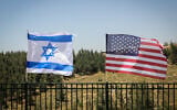 The Israeli and the American flags are seen during a visit of Ron DeSantis, governor of Florida, in Gush Etzion, on May 29, 2019. (Gershon Elinson/Flash90)