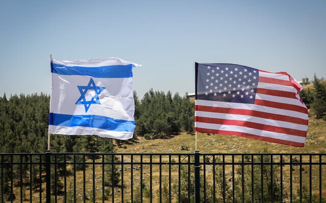 The Israeli and the American flags are seen during a visit of Ron DeSantis, governor of Florida, in Gush Etzion, on May 29, 2019. (Gershon Elinson/Flash90) The Israeli and the American flags are seen during a visit of Ron DeSantis, governor of Florida, in Gush Etzion, on May 29, 2019. (Gershon Elinson/Flash90)