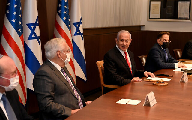 US Ambassador to Israel David Friedman, 2nd left, participates in the weekly cabinet meeting at the Prime Minister’s Office in Jerusalem, January 17, 2021. (Maty Stern/US Embassy Jerusalem) US Ambassador to Israel David Friedman, 2nd left, participates in the weekly cabinet meeting at the Prime Minister’s Office in Jerusalem, January 17, 2021. (Maty Stern/US Embassy Jerusalem)