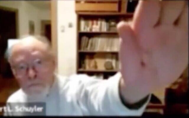 Screen capture from video of Robert Schuyler, associate professor of anthropology and associate curator-in-charge of the historical archaeology section at the Penn Museum, as he makes a Nazi salute during an archaeology video conference. (Twitter) Screen capture from video of Robert Schuyler, associate professor of anthropology and associate curator-in-charge of the historical archaeology section at the Penn Museum, as he makes a Nazi salute during an archaeology video conference. (Twitter)