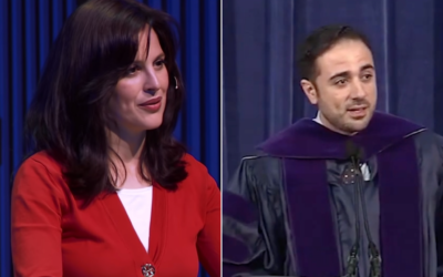 (L) Anne Neuberger, new director of cybersecurity at the US National Security Agency and Maher Bitar, NSC senior director for intelligence programs. (Screen captures/YouTube)