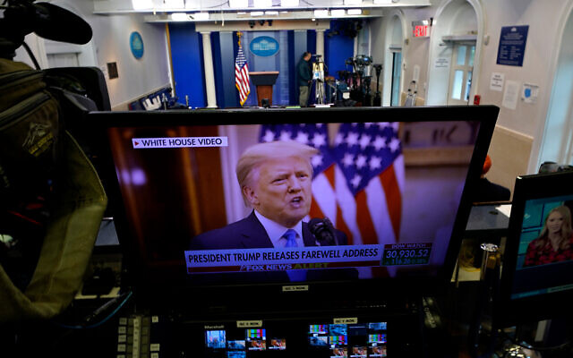 US President Donald Trump is seen on a network monitor after his pre-recorded farewell speech was released, inside the Brady Press Briefing Room at the White House in Washington, January 19, 2021. (AP Photo/Gerald Herbert) US President Donald Trump is seen on a network monitor after his pre-recorded farewell speech was released, inside the Brady Press Briefing Room at the White House in Washington, January 19, 2021. (AP Photo/Gerald Herbert)