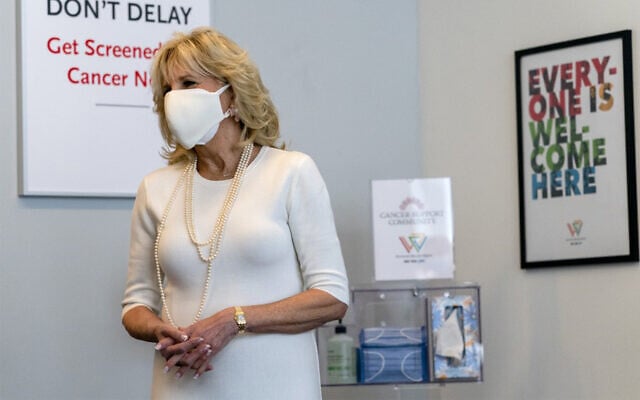 First lady Jill Biden tours Whitman-Walker Health hospital in Washington, January 22, 2021. (Jacquelyn Martin/POOL/AFP) First lady Jill Biden tours Whitman-Walker Health hospital in Washington, January 22, 2021. (Jacquelyn Martin/POOL/AFP)