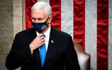 Then-US Vice President Mike Pence officiates as a joint session of Congress to confirm the Electoral College votes at the Capitol, January 6, 2021. (Erin Schaff/The New York Times via AP, Pool)