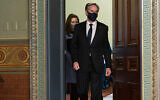 Antony Blinken, accompanied by his wife Evan Ryan, arrives for his ceremonial swearing-in as Secretary of State, Washington, January 27, 2021. (AP Photo/Jacquelyn Martin)