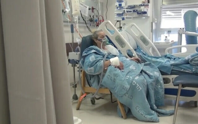 Yiffat Elimelech, a patient in intensive care in the coronavirus ward of Hadassah medical center in Jerusalem. (Screenshot/Channel 12) Yiffat Elimelech, a patient in intensive care in the coronavirus ward of Hadassah medical center in Jerusalem. (Screenshot/Channel 12)