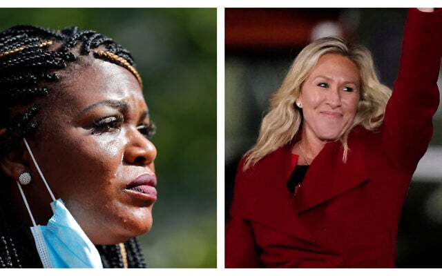 (L) Cori Bush at a news conference, Aug. 5, 2020, in St. Louis (AP Photo/Jeff Roberson) and (R) Rep. Marjorie Taylor Greene at a campaign rally in Dalton, Georgi, Jan. 4, 2021. (AP Photo/Brynn Anderson) (L) Cori Bush at a news conference, Aug. 5, 2020, in St. Louis (AP Photo/Jeff Roberson) and (R) Rep. Marjorie Taylor Greene at a campaign rally in Dalton, Georgi, Jan. 4, 2021. (AP Photo/Brynn Anderson)