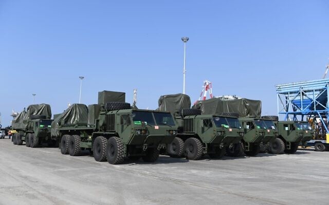 An Iron Dome missile defense battery being loaded onto a ship for delivery to the United States in January 2021. (Defense Ministry) An Iron Dome missile defense battery being loaded onto a ship for delivery to the United States in January 2021. (Defense Ministry)