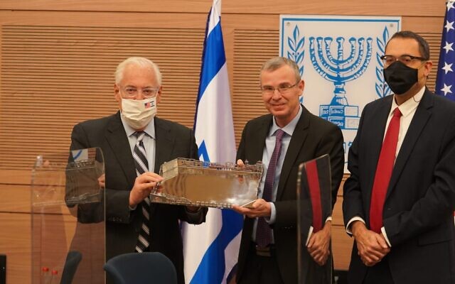In this January 11, 2021 photo, US Ambassador to Israel David Friedman (L), Knesset Speaker Yariv Levin (C), and MK Zvi Hauser (R) attend a farewell meeting for the outgoing envoy in the Knesset. (Dani Shem Tov/Knesset Spokesperson) In this January 11, 2021 photo, US Ambassador to Israel David Friedman (L), Knesset Speaker Yariv Levin (C), and MK Zvi Hauser (R) attend a farewell meeting for the outgoing envoy in the Knesset. (Dani Shem Tov/Knesset Spokesperson)