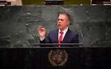 Israeli Ambassador Gilad Erdan speaks at the UN in New York in January 2021. (Shahar Azran/ Israeli Mission to the UN)