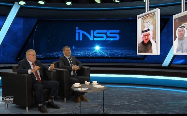Foreign Minister Gabi Ashkenazi (2L) speaks to his Bahraini and Emirati counterparts at the INSS conference. January 26, 2021 (Courtesy of INSS) Foreign Minister Gabi Ashkenazi (2L) speaks to his Bahraini and Emirati counterparts at the INSS conference. January 26, 2021 (Courtesy of INSS)