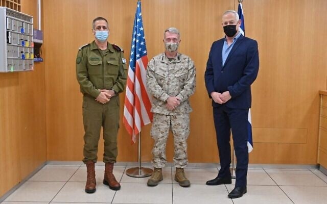 (Left to right) IDF Chief of Staff Aviv Kohavi, CENTCOM Commander Kenneth F. McKenzie, Jr., and Defense Minister Benny Gantz in Tel Aviv, on January 29, 2021. (Ariel Hermoni/Defense Ministry) (Left to right) IDF Chief of Staff Aviv Kohavi, CENTCOM Commander Kenneth F. McKenzie, Jr., and Defense Minister Benny Gantz in Tel Aviv, on January 29, 2021. (Ariel Hermoni/Defense Ministry)