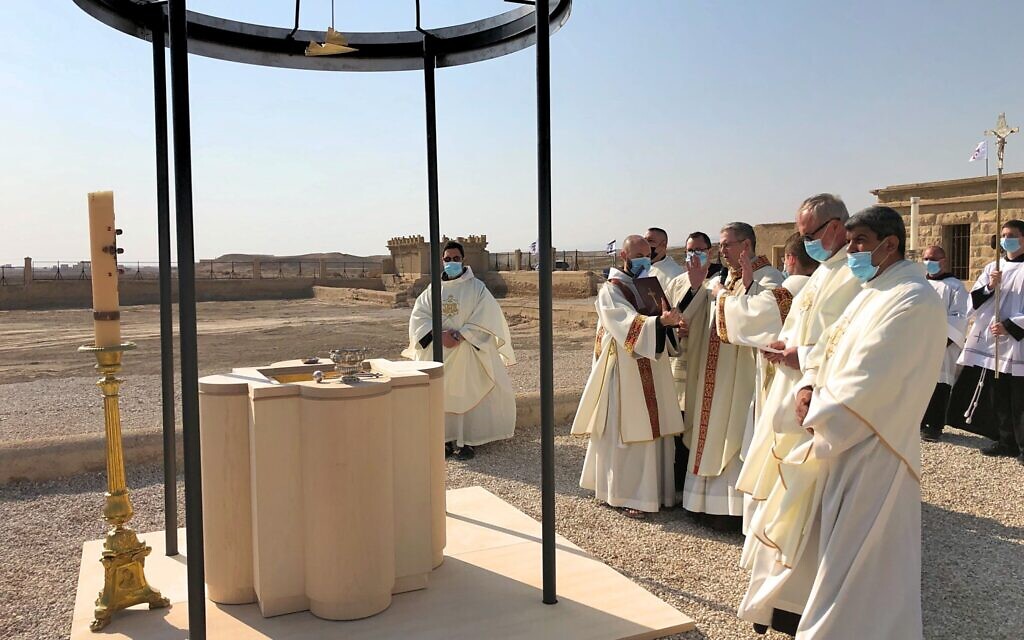 Baptismal font at the St John the Baptist Chapel on the banks of the Jordan River, January 10, 2021. (Amanda Borschel-Dan/Times of Israel)