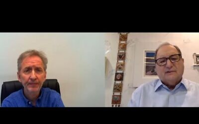 Times of Israel founding editor David Horovitz in conversation with former ADL head Abe Foxman on Behind the Headlines, January 2020. (Times of Israel)