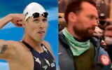 (L) US relay swimmer Keller during the swimming competitions in the National Aquatics Center at the Beijing 2008 Olympics in Beijing, August 12, 2008. (R)   Keller seen participating in the US Capitol riots January 6, 2021. (AP Photo/Thomas Kienzle / Screenshot: Youtube/Townhall Media)