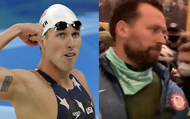 (L) US relay swimmer Keller during the swimming competitions in the National Aquatics Center at the Beijing 2008 Olympics in Beijing, August 12, 2008. (R) Keller seen participating in the US Capitol riots January 6, 2021. (AP Photo/Thomas Kienzle / Screenshot: Youtube/Townhall Media) (L) US relay swimmer Keller during the swimming competitions in the National Aquatics Center at the Beijing 2008 Olympics in Beijing, August 12, 2008. (R) Keller seen participating in the US Capitol riots January 6, 2021. (AP Photo/Thomas Kienzle / Screenshot: Youtube/Townhall Media)