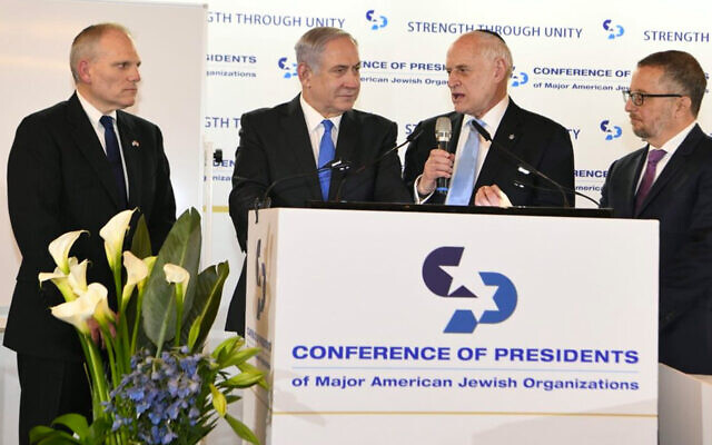 From left: Conference of Presidents chairman William Daroff, Prime Minister Benjamin Netanyahu and the Conference's Malcolm Hoenlein and Arthur Stark, at a Conference of Presidents of Major Jewish Organizations event. (Twitter via JTA) From left: Conference of Presidents chairman William Daroff, Prime Minister Benjamin Netanyahu and the Conference's Malcolm Hoenlein and Arthur Stark, at a Conference of Presidents of Major Jewish Organizations event. (Twitter via JTA)