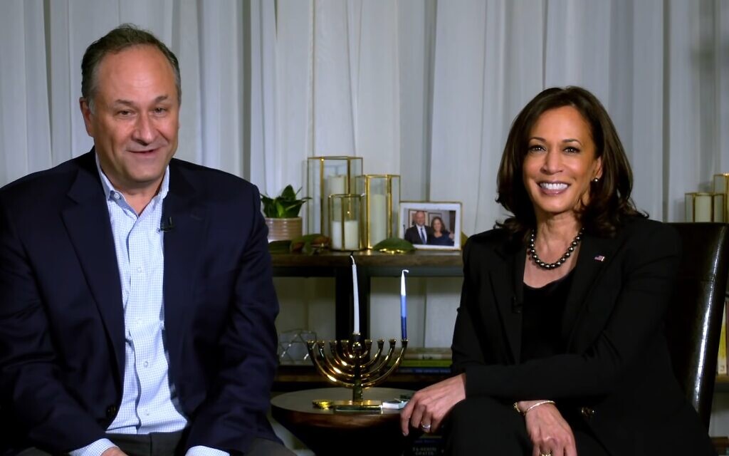Incoming vice president Kamala Harris send out a Hanukkah message with second gentleman Doug Emhoff, December 10, 2020. (YouTube screenshot) Incoming vice president Kamala Harris send out a Hanukkah message with second gentleman Doug Emhoff, December 10, 2020. (YouTube screenshot)