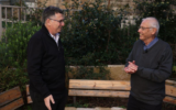 New Hope leader Gideon Sa'ar (left) welcomes Benny Begin to his party, January 21, 2020 (Courtesy)